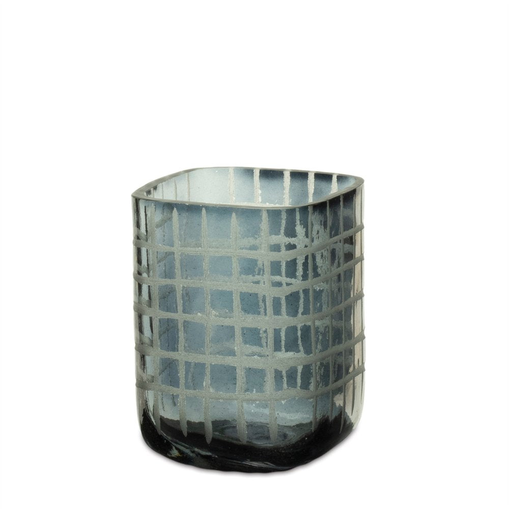 Set of Four Blue Abstract Glass Tabletop Hurricane Candle Holders