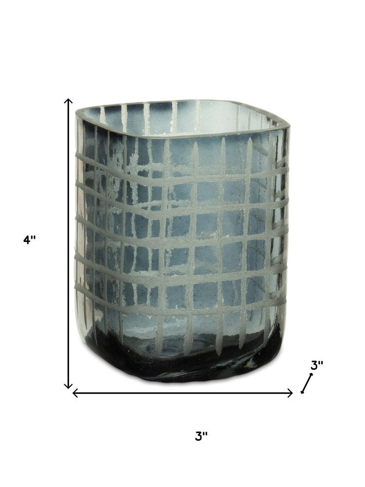 Set of Four Blue Abstract Glass Tabletop Hurricane Candle Holders