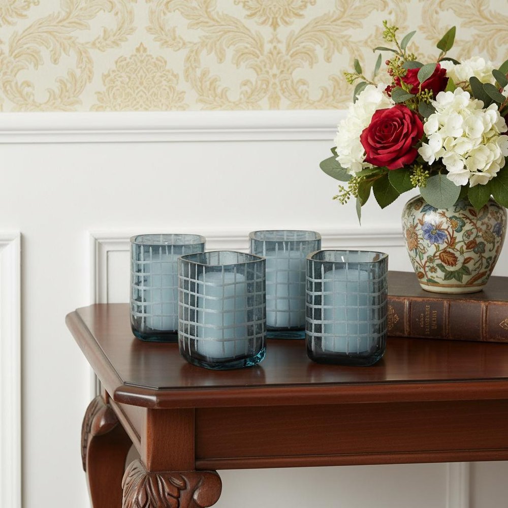 Set of Four Blue Abstract Glass Tabletop Hurricane Candle Holders