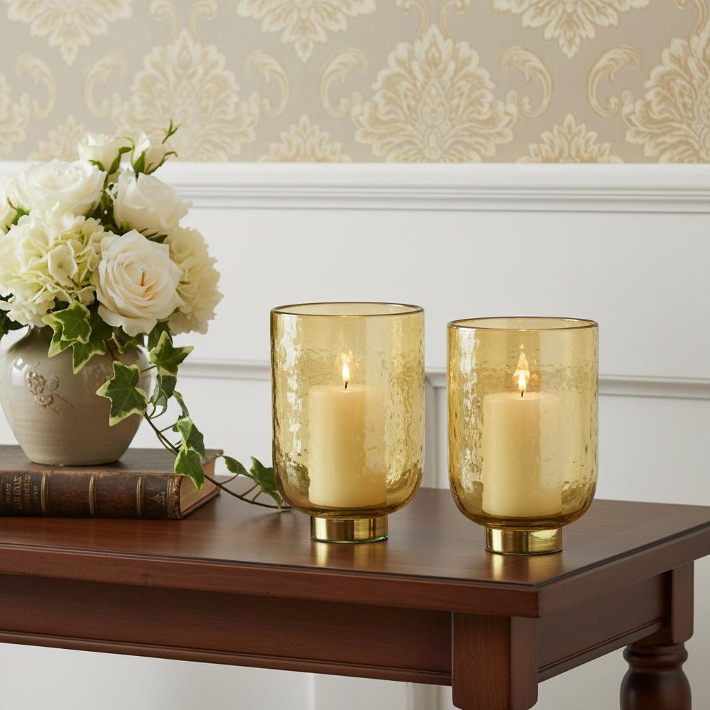 Set of Two Gold Abstract Glass Tabletop Pillar Candle Holders