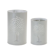 Set of Two Green Abstract Metal Tabletop Hurricane Candle Holders