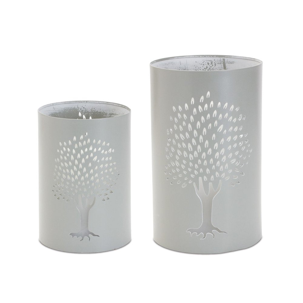 Set of Two Green Abstract Metal Tabletop Hurricane Candle Holders