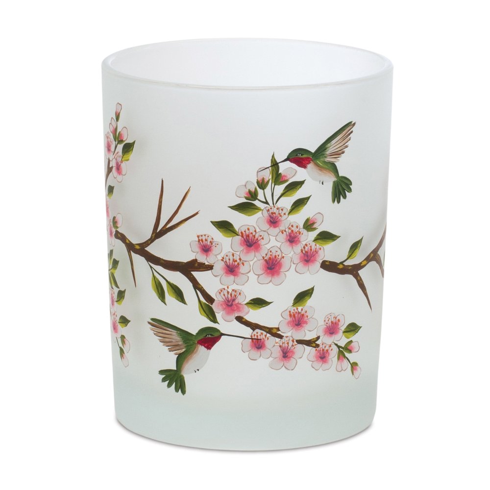 Set of Six White Green And Pink Hummingbird Floral Glass Votive Candle Holders