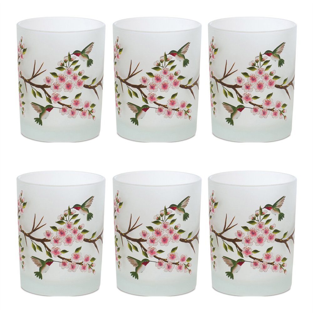 Set of Six White Green And Pink Hummingbird Floral Glass Votive Candle Holders