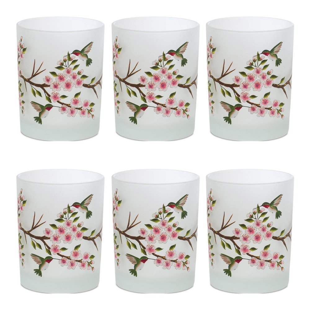 Set of Six White Green And Pink Hummingbird Floral Glass Votive Candle Holders