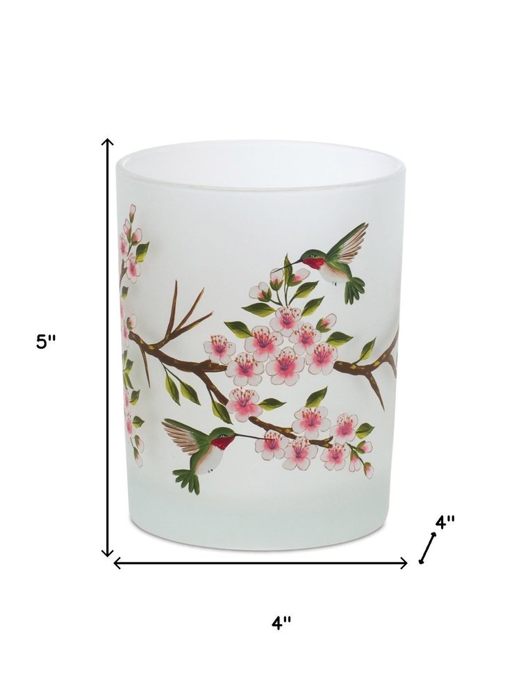 Set of Six White Green And Pink Hummingbird Floral Glass Votive Candle Holders