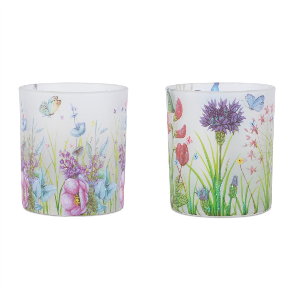 Set of Six Green White Green And Purple Floral Glass Tabletop Votive Candle Holders