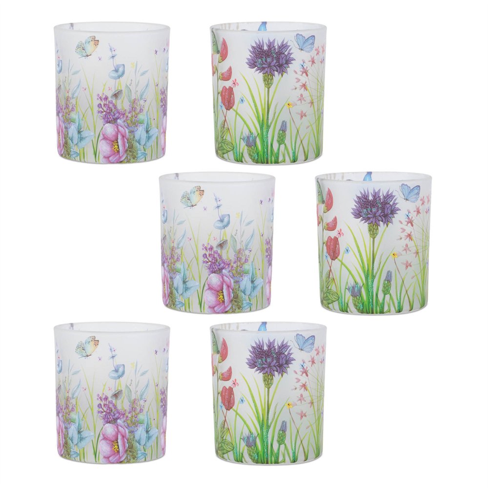 Set of Six Green White Green And Purple Floral Glass Tabletop Votive Candle Holders