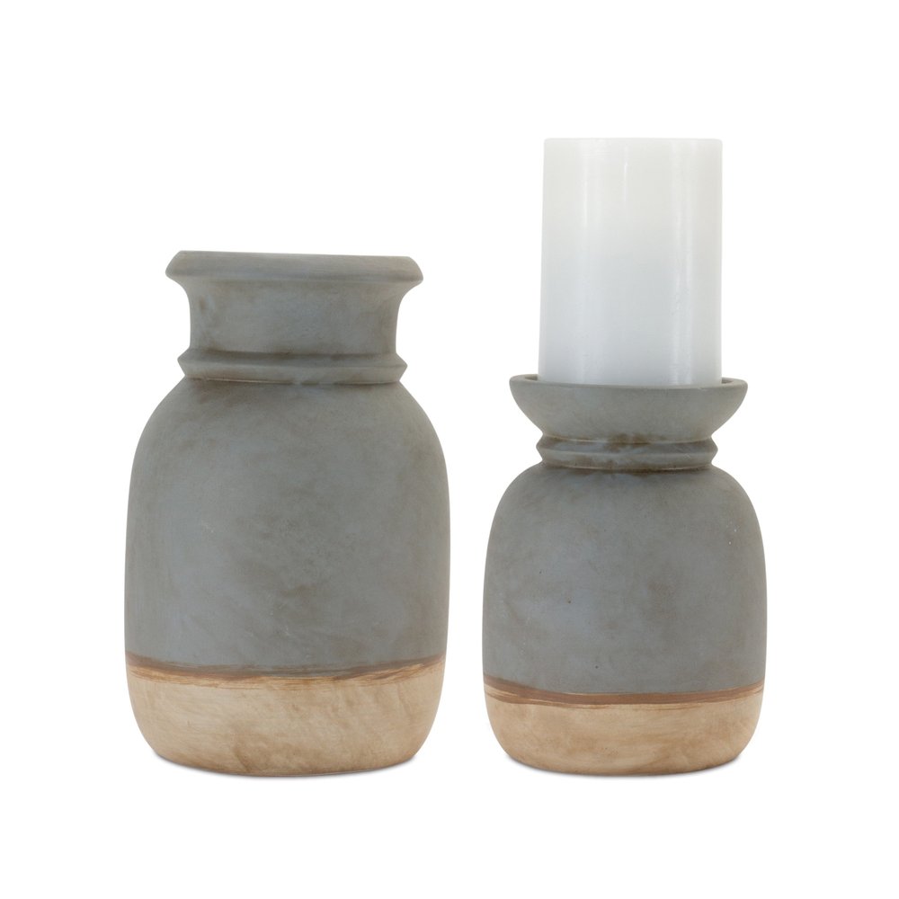 Set of Two Cool Gray Abstract Ceramic Tabletop Pillar Candle Holders