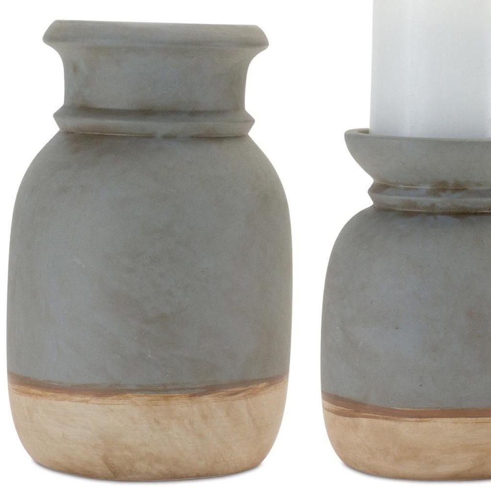 Set of Two Cool Gray Abstract Ceramic Tabletop Pillar Candle Holders