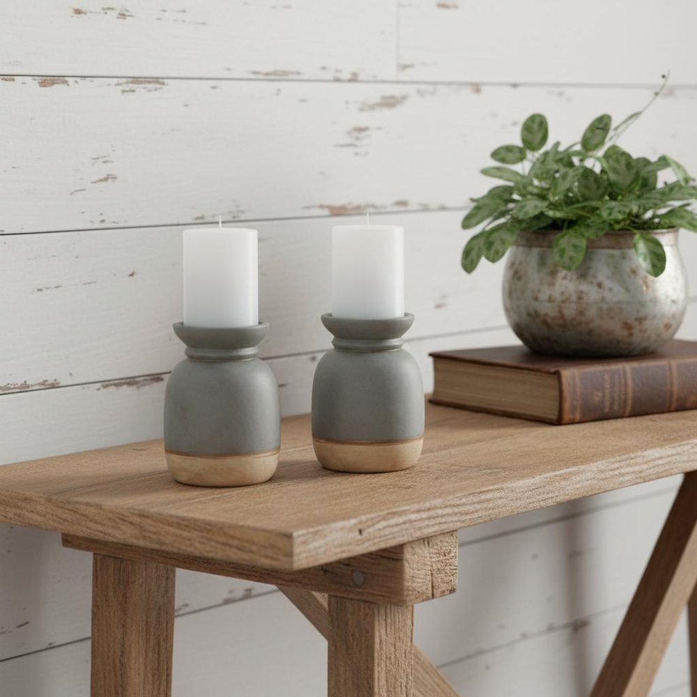 Set of Two Cool Gray Abstract Ceramic Tabletop Pillar Candle Holders