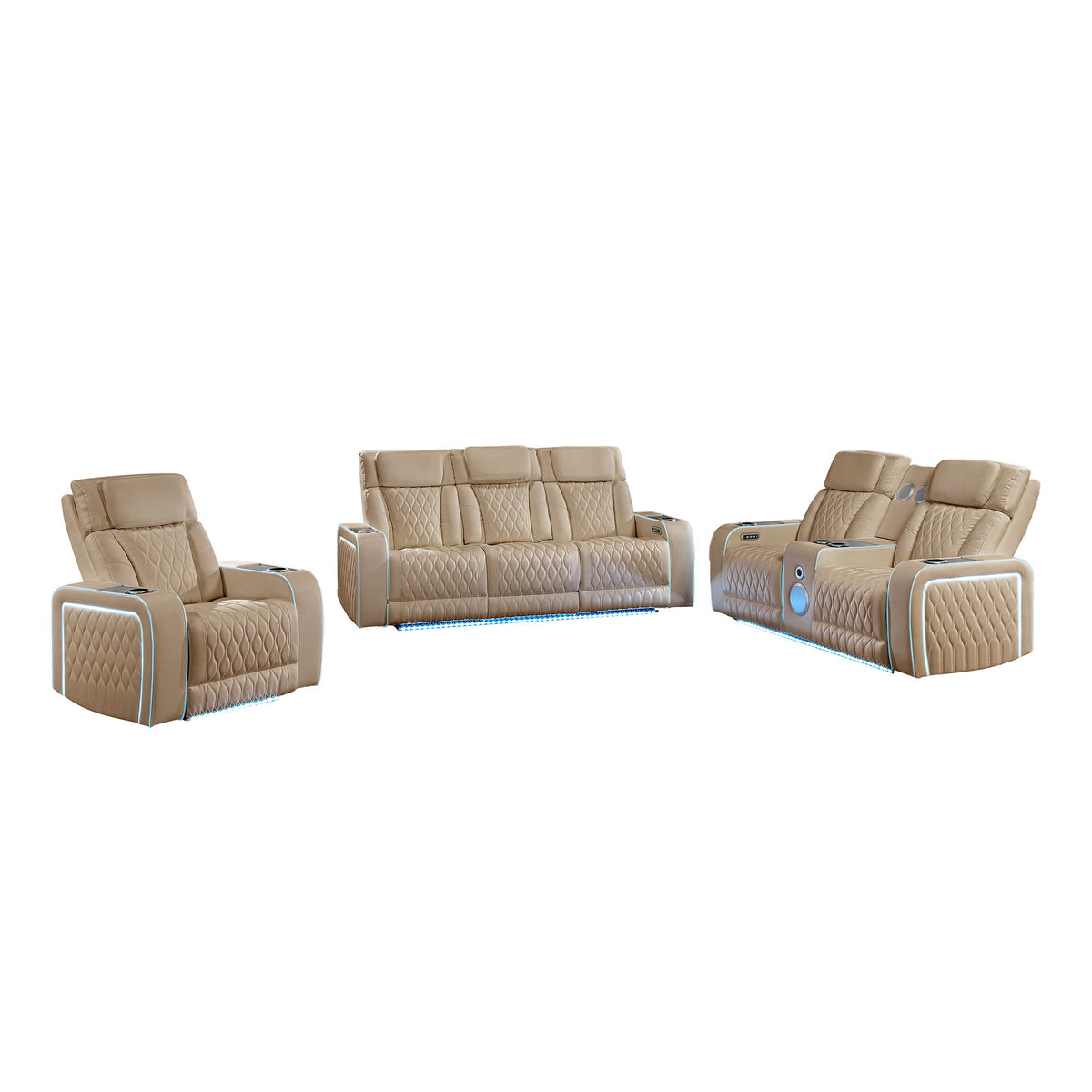 Electra - 3 Piece Power Reclining Sofa, Loveseat And Recliner Set With Power Headrests, Massage And LED Lighting