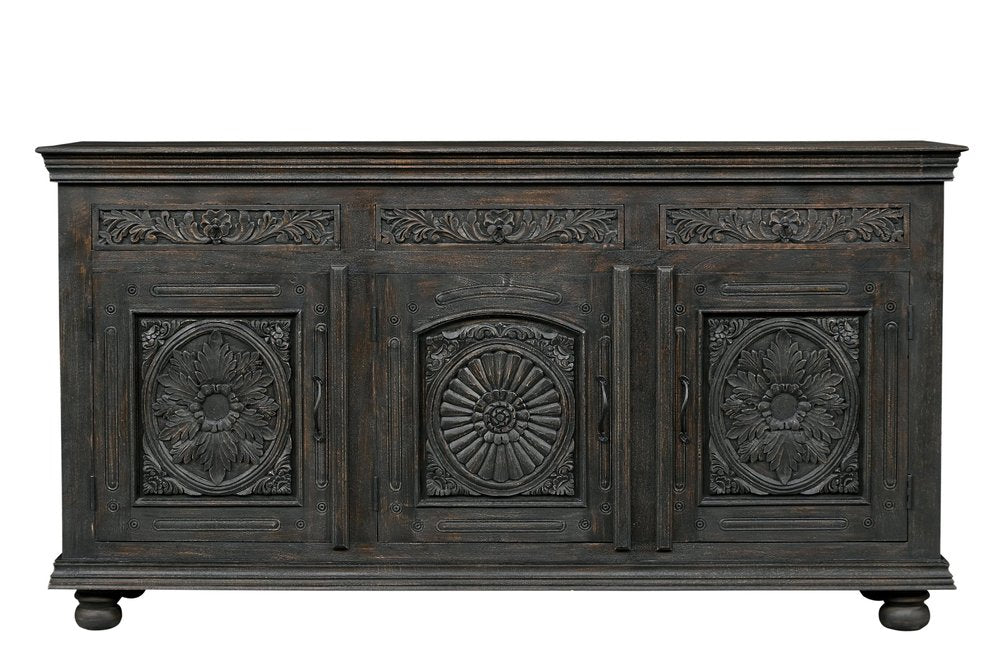81" Black Distressed Solid Wood Carved Floral Three Drawer Sideboard With Three Doors