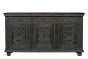 81" Black Distressed Solid Wood Carved Floral Three Drawer Sideboard With Three Doors