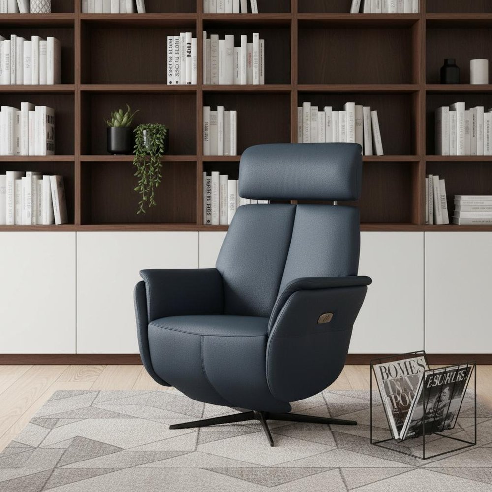28" Blue Genuine Leather Power Swivel Recliner