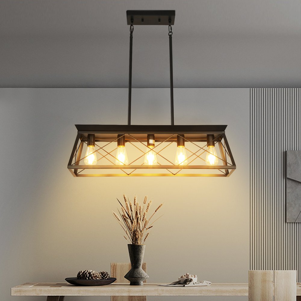 Black Metal Five Light Geometric And Kitchen Island Ceiling Light