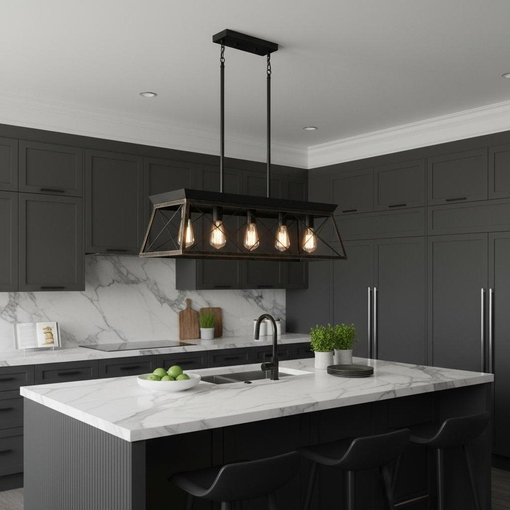 Black Metal Five Light Geometric And Kitchen Island Ceiling Light