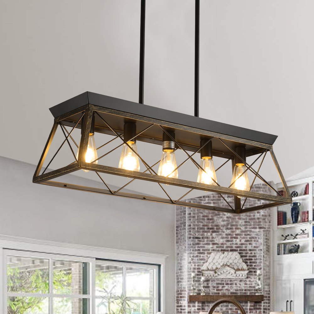 Black Metal Five Light Geometric And Kitchen Island Ceiling Light