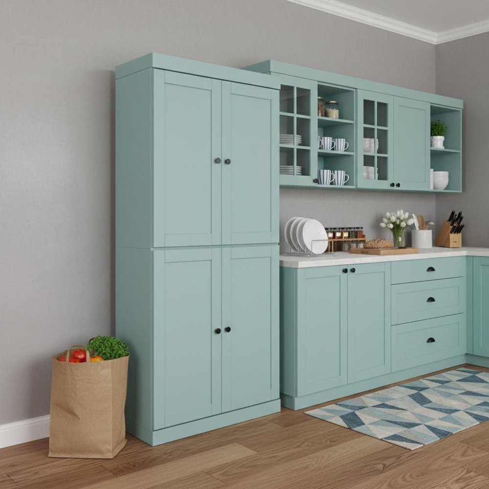 72" Yellow Solid Wood Four Door Pantry Or Storage Closet
