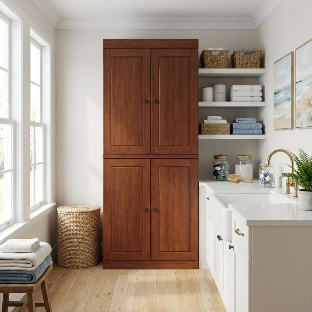 72" Coffee Solid Wood Four Door Two Drawer Pantry Or Storage Closet