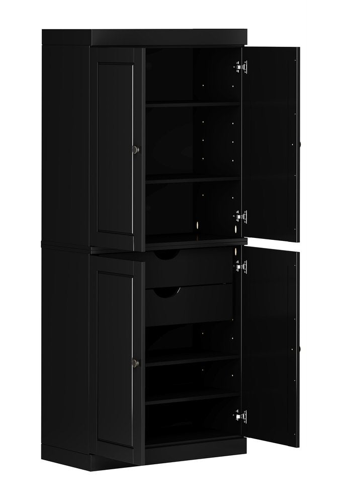 72" Black Solid Wood Four Door Two Drawer Pantry Or Storage Closet