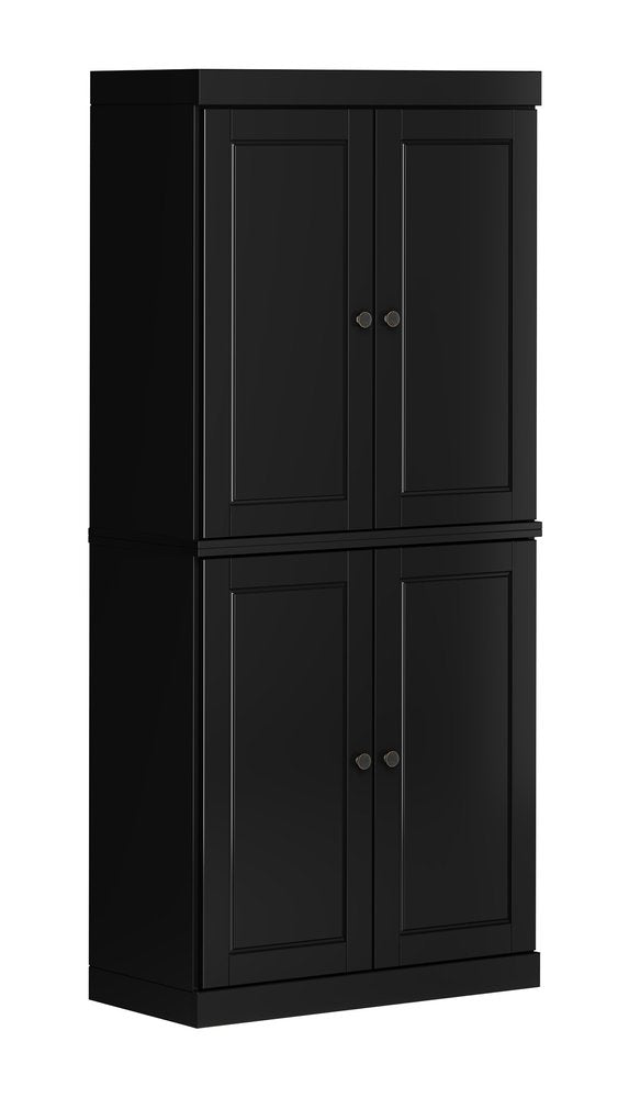 72" Black Solid Wood Four Door Two Drawer Pantry Or Storage Closet