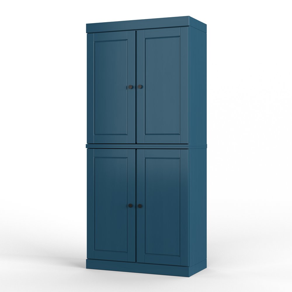 72" Teal Blue Solid Wood Four Door Two Drawer Pantry Or Storage Closet