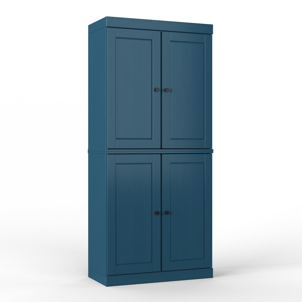 72" Teal Blue Solid Wood Four Door Two Drawer Pantry Or Storage Closet