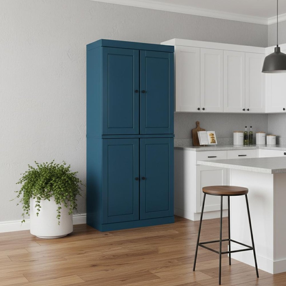 72" Teal Blue Solid Wood Four Door Two Drawer Pantry Or Storage Closet