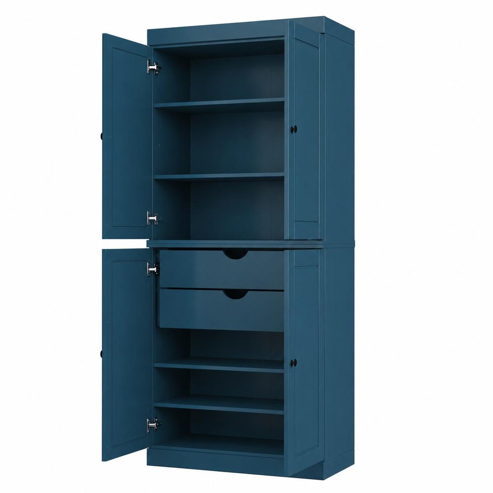 72" Teal Blue Solid Wood Four Door Two Drawer Pantry Or Storage Closet