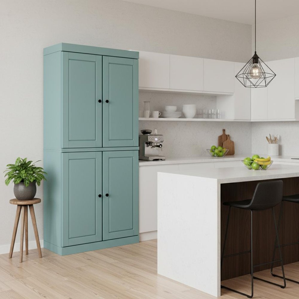 72" Aqua Solid Wood Four Door Two Drawer Pantry Or Storage Closet