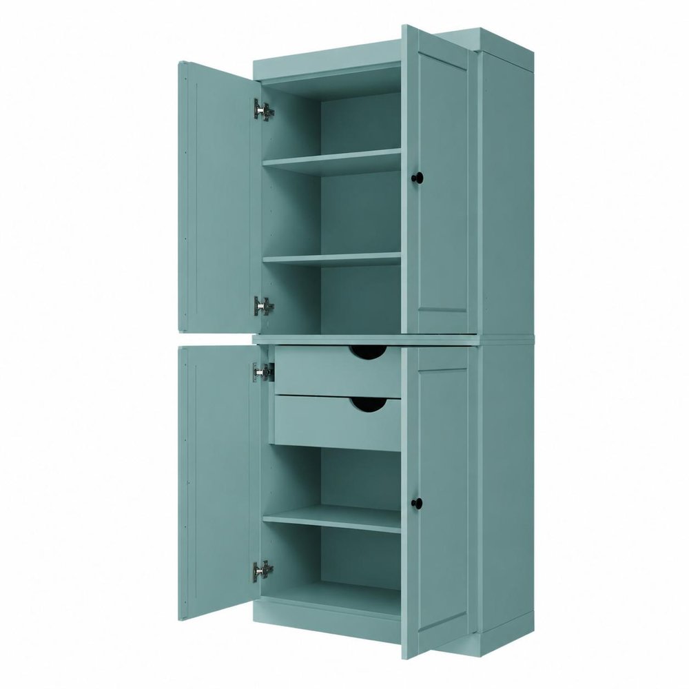 72" Aqua Solid Wood Four Door Two Drawer Pantry Or Storage Closet