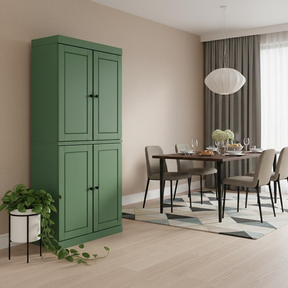 72" Green Solid Wood Four Door Two Drawer Pantry Or Storage Closet