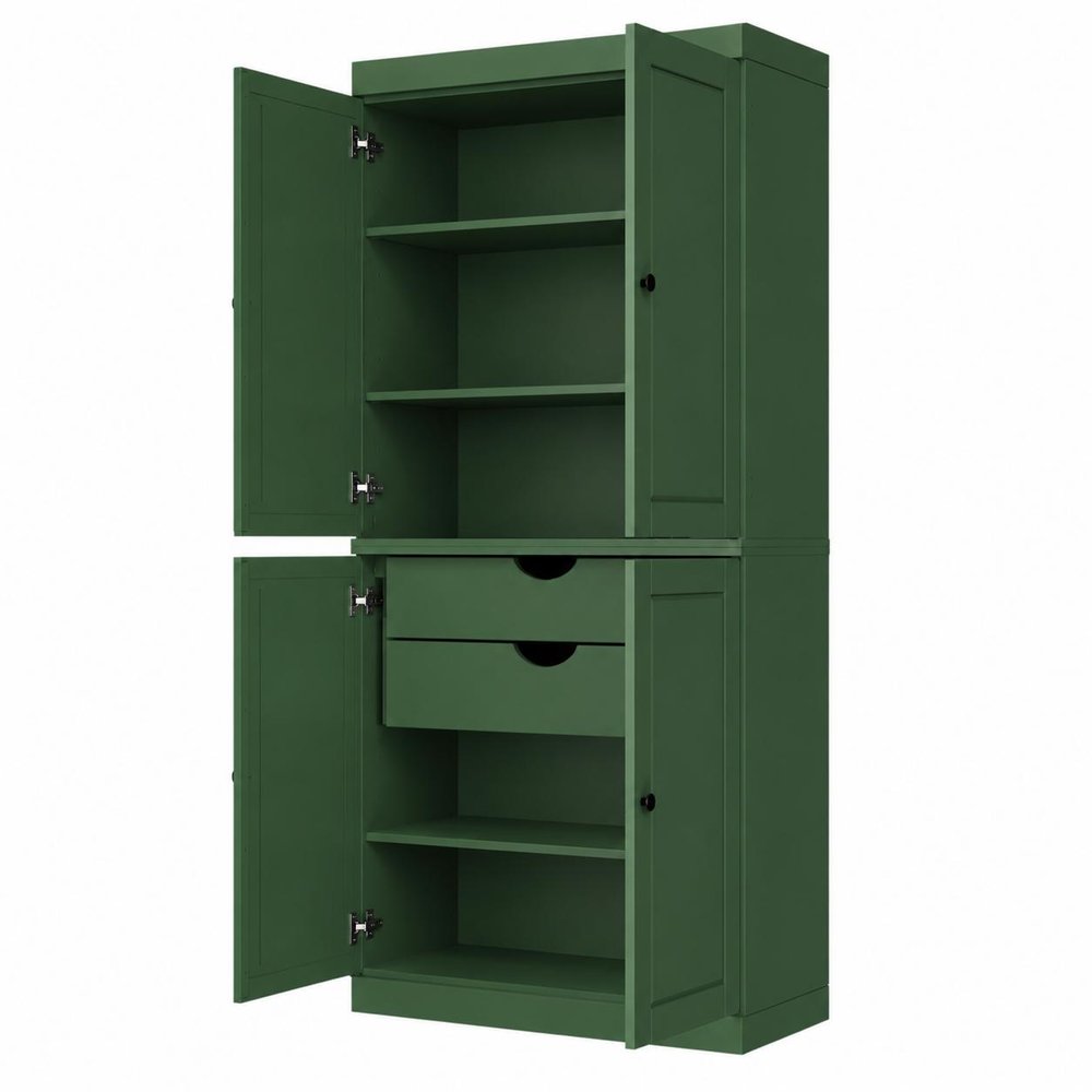 72" Green Solid Wood Four Door Two Drawer Pantry Or Storage Closet