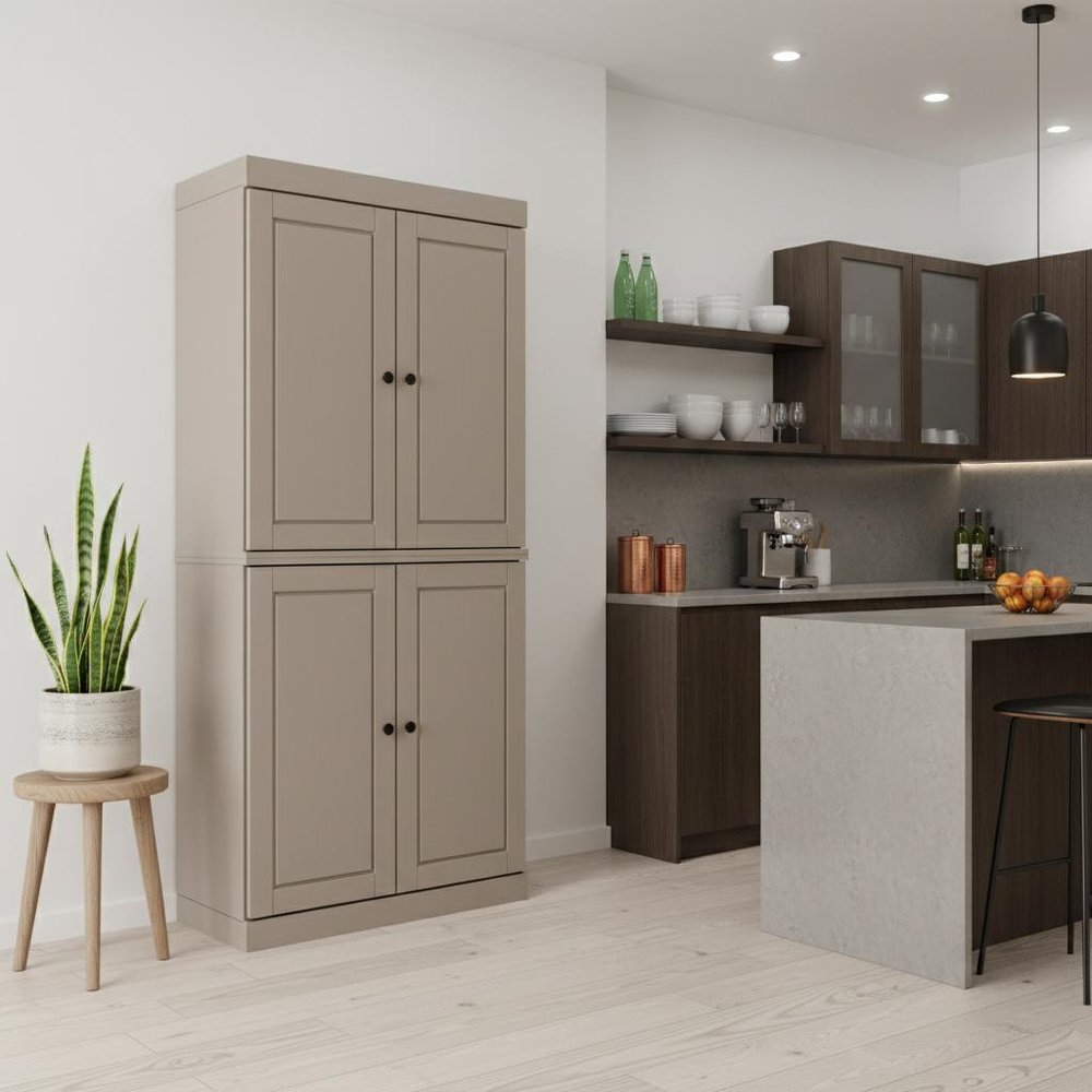 72" Beige Solid Wood Four Door Two Drawer Pantry Or Storage Closet