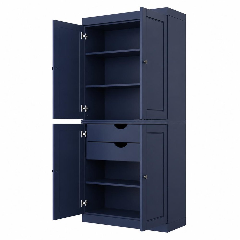 72" Navy Blue Solid Wood Four Door Two Drawer Pantry Or Storage Closet