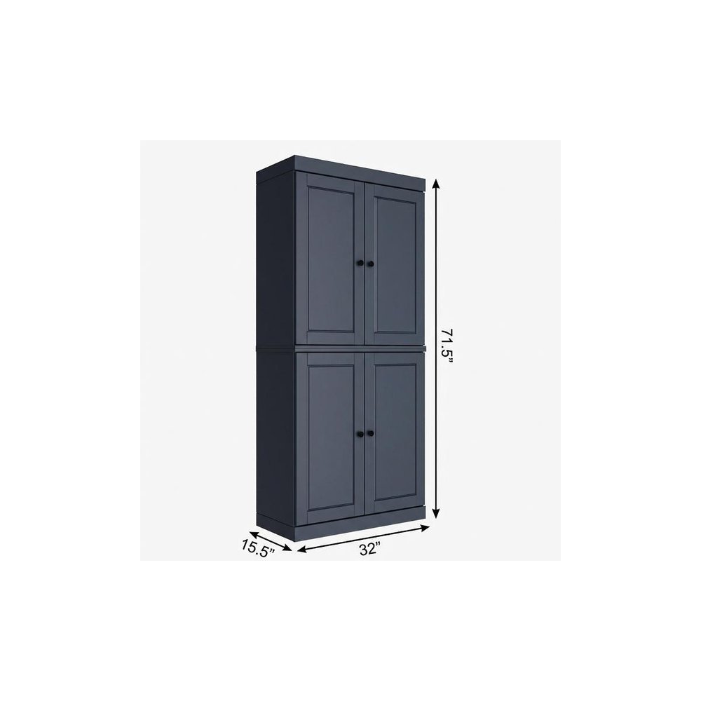 72" French Blue Solid Wood Four Door Two Drawer Pantry Or Storage Closet