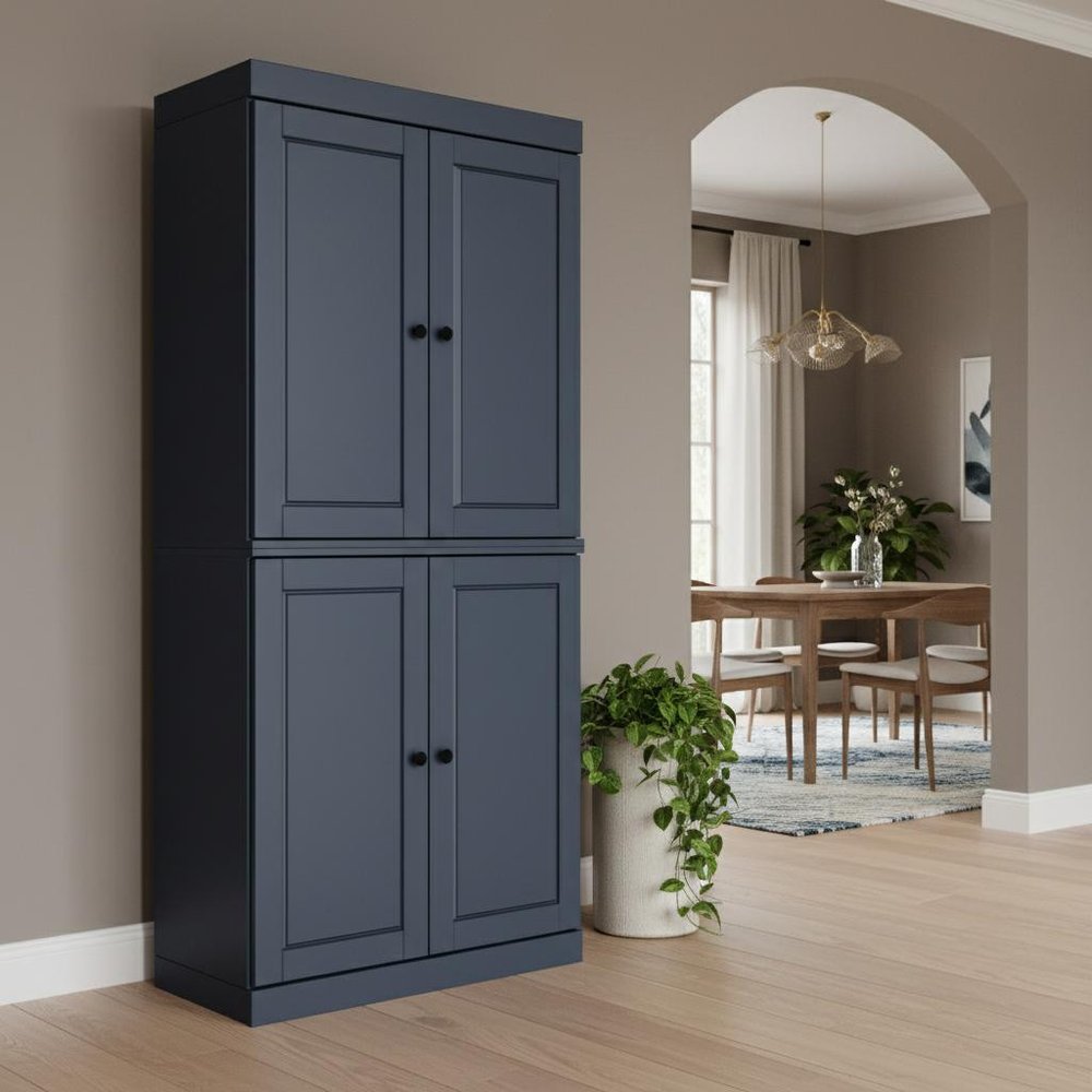 72" French Blue Solid Wood Four Door Two Drawer Pantry Or Storage Closet