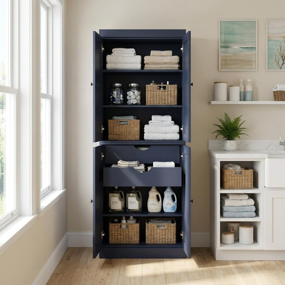 72" French Blue Solid Wood Four Door Two Drawer Pantry Or Storage Closet