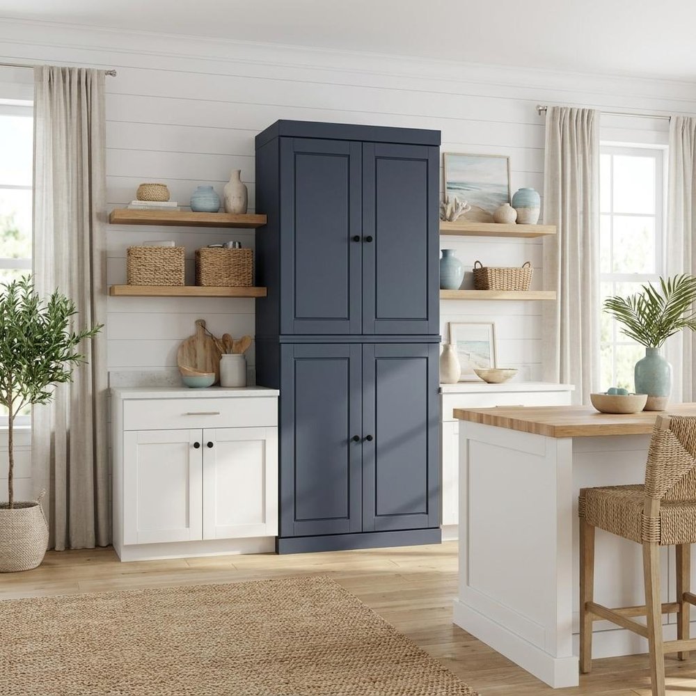 72" French Blue Solid Wood Four Door Two Drawer Pantry Or Storage Closet