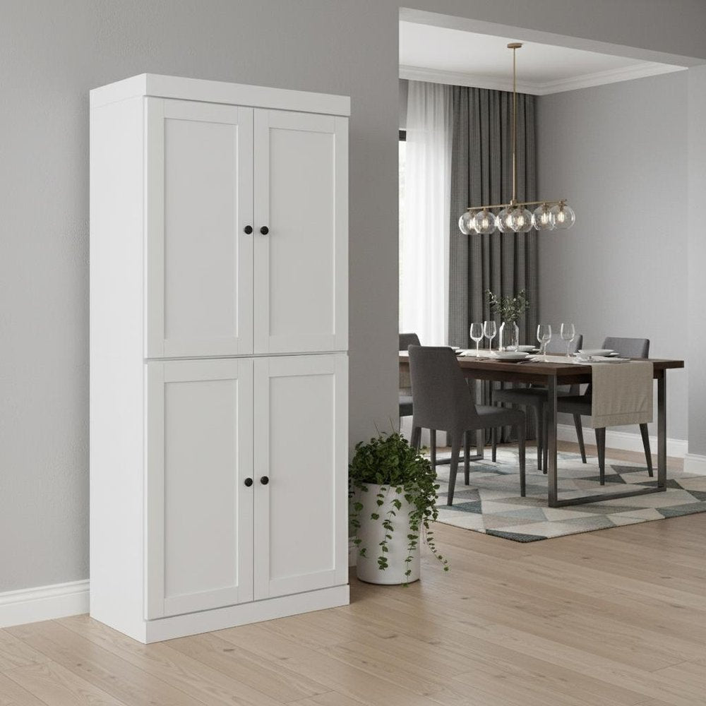 72" White Solid Wood Four Door Two Drawer Pantry Or Storage Closet