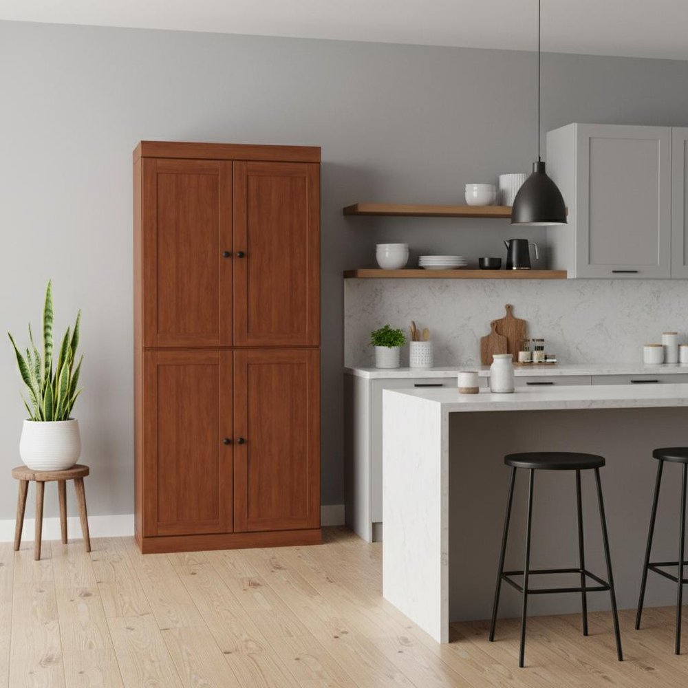 72" Coffee Solid Wood Four Door Two Drawer Pantry Or Storage Closet