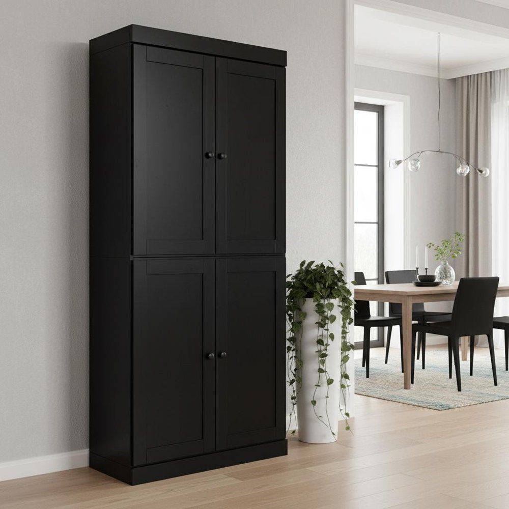72" Black Solid Wood Four Door Two Drawer Pantry Or Storage Closet