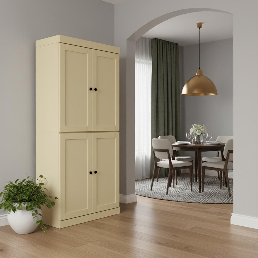 72" Yellow Solid Wood Four Door Two Drawer Pantry Or Storage Closet