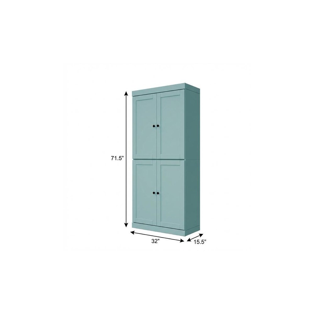 72" Aqua Solid Wood Four Door Two Drawer Pantry Or Storage Closet