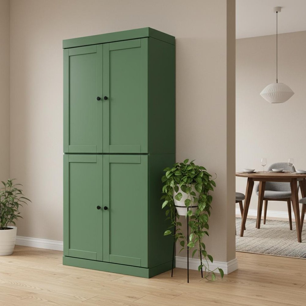 72" Green Solid Wood Four Door Two Drawer Pantry Or Storage Closet