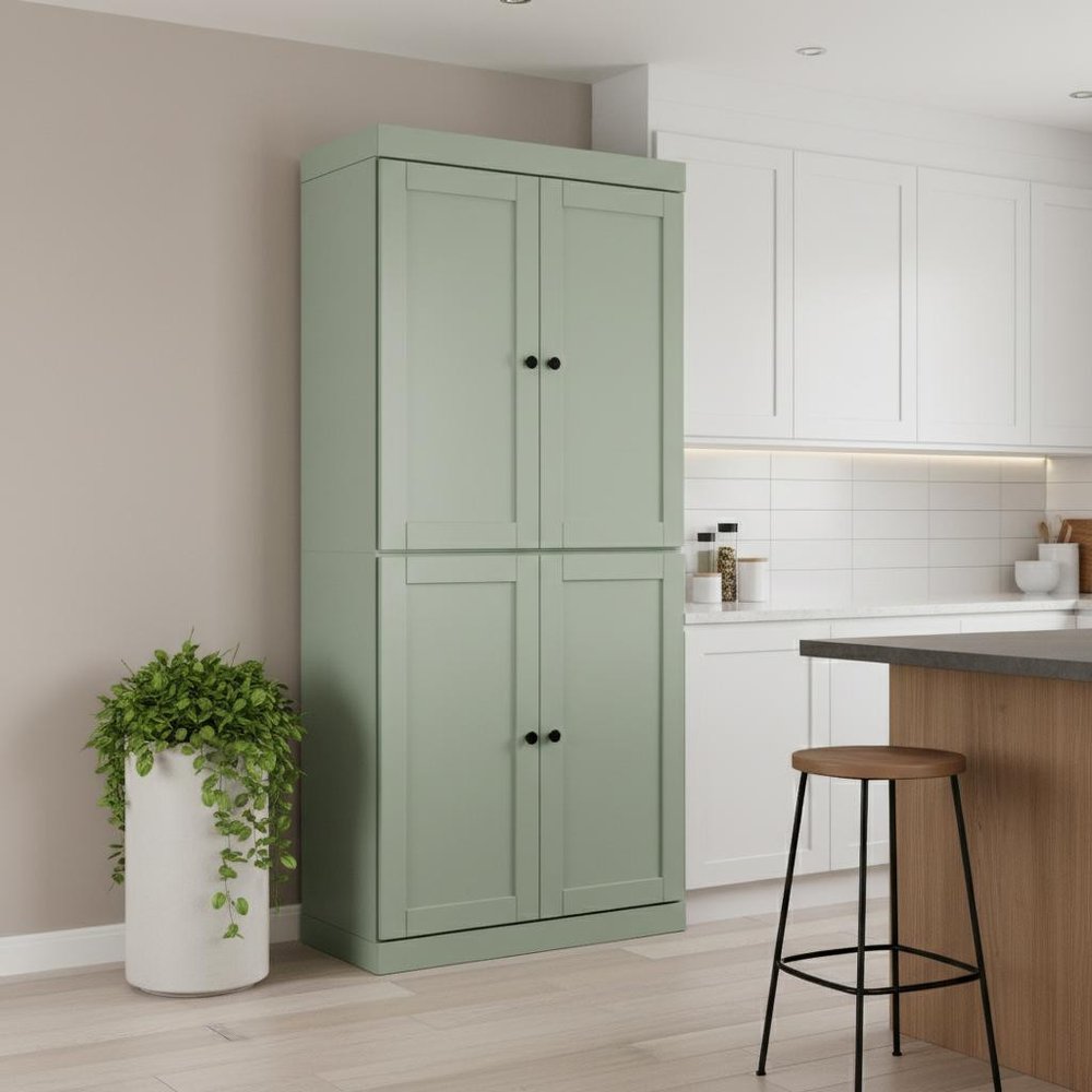 72" Sage Solid Wood Four Door Two Drawer Pantry Or Storage Closet