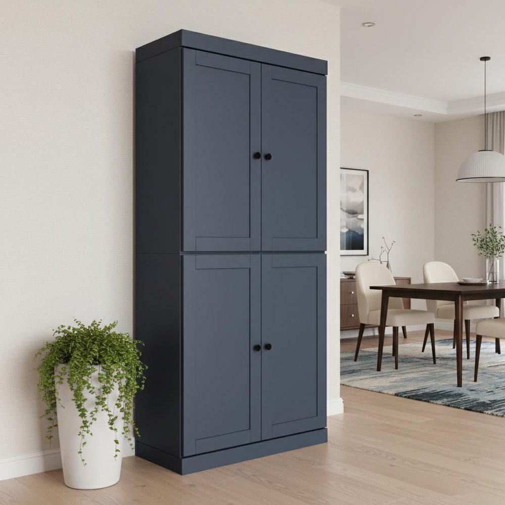 72" French Blue Solid Wood Four Door Two Drawer Pantry Or Storage Closet