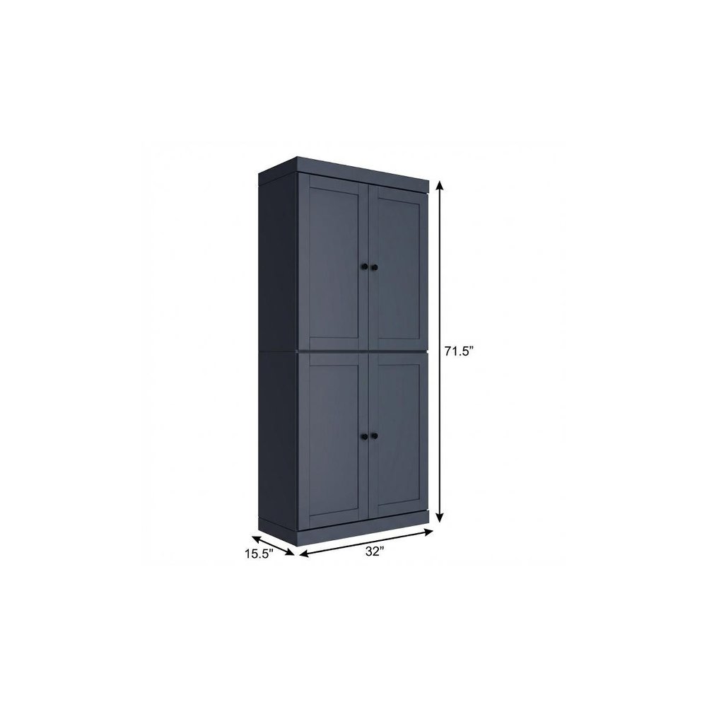 72" French Blue Solid Wood Four Door Two Drawer Pantry Or Storage Closet