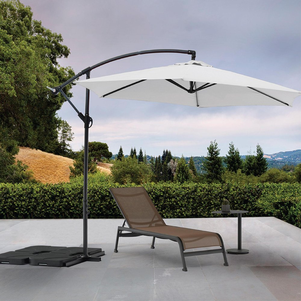 9.5' White Polyester Hexagonal Cantilever Patio Umbrella with Stand
